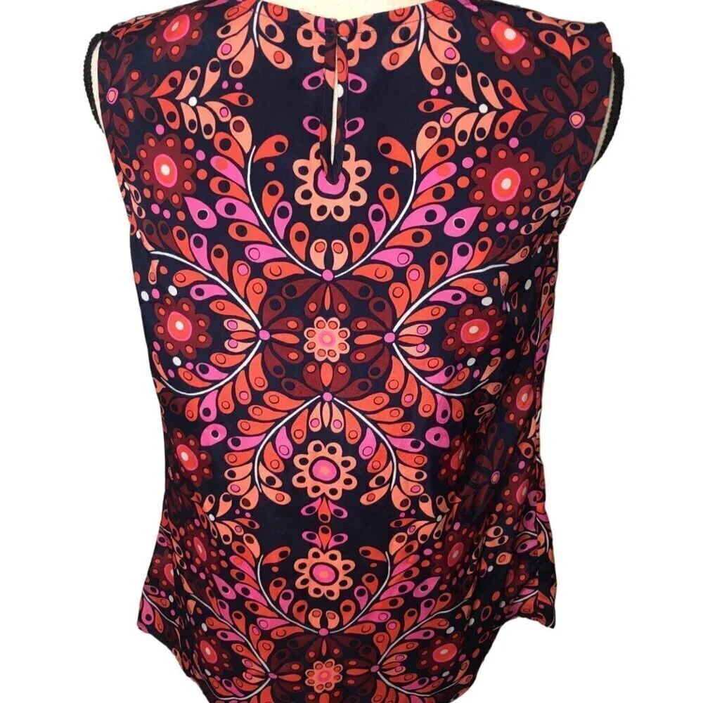 Sleeveless Top Size S Shell Red Blue Floral Paisley Print Shirt Lightweight - Picture 2 of 5